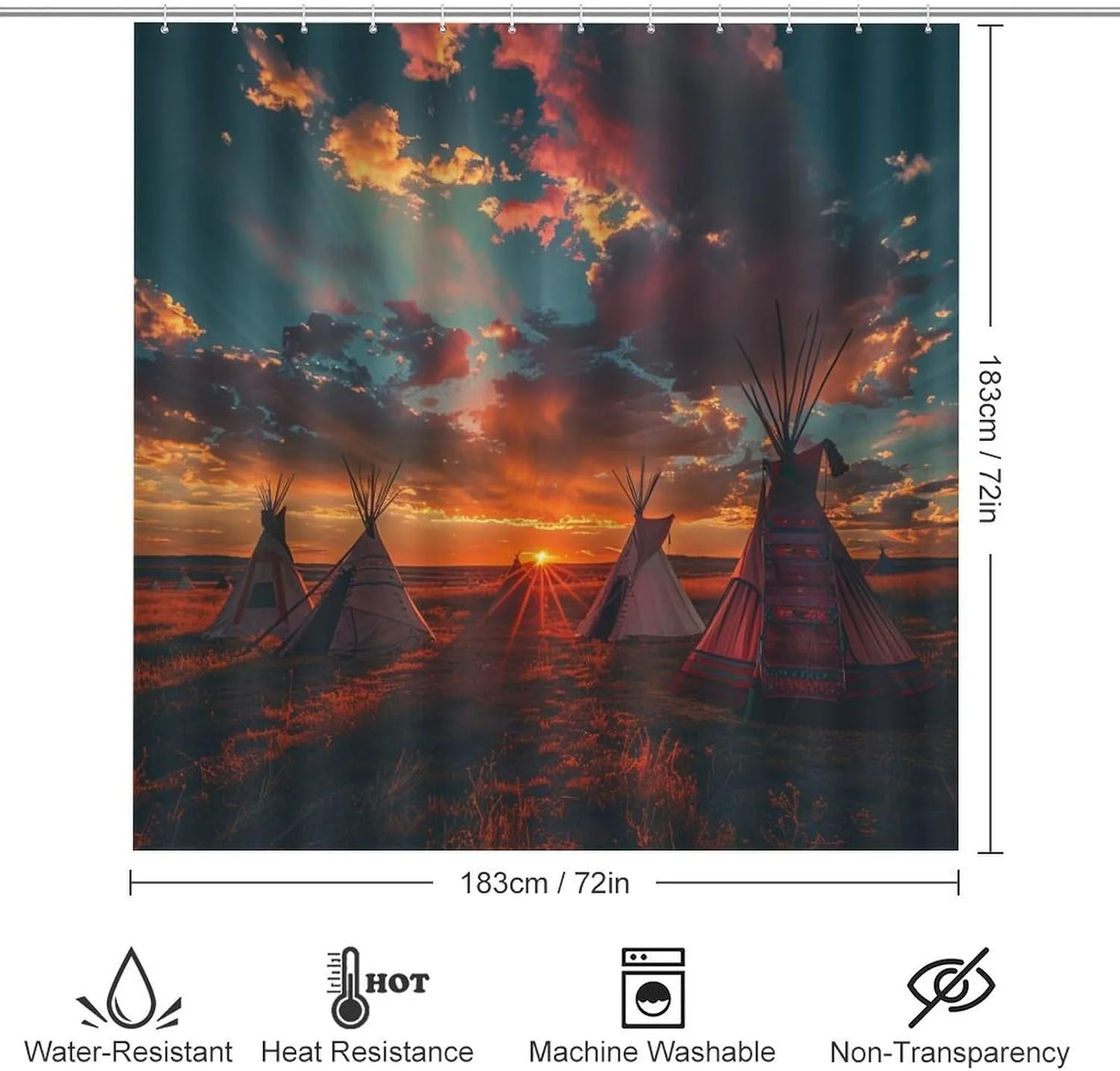 4Pcs Camping Sunset Sky Shower Curtain Set with Toilet Lid Cover U-Shaped Mat and Non-Slip Rugs, Indian Tent Village Landscape Shower Curtain Bathroom Decor Set, 72" x 72"