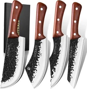 4PCS Hand Forged Butcher Knife Set - Kiritsuke Knife, Meat Cleaver Knife, Boning knife, Butcher Knife, High Carbon Steel Meat Cutting Knife for Home Kitchen & Outdoor…, Large, Brown