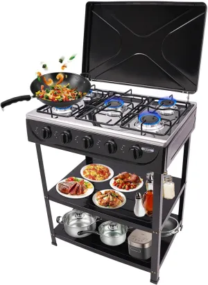 5-Burner Gas Stove, Freestanding Natural Gas Stove with 2 Placement Boards, Independent Control Gas Stove, Use for Home, Camp, Commercial, Each Burner Combustion Power: 2.5KW (Black)