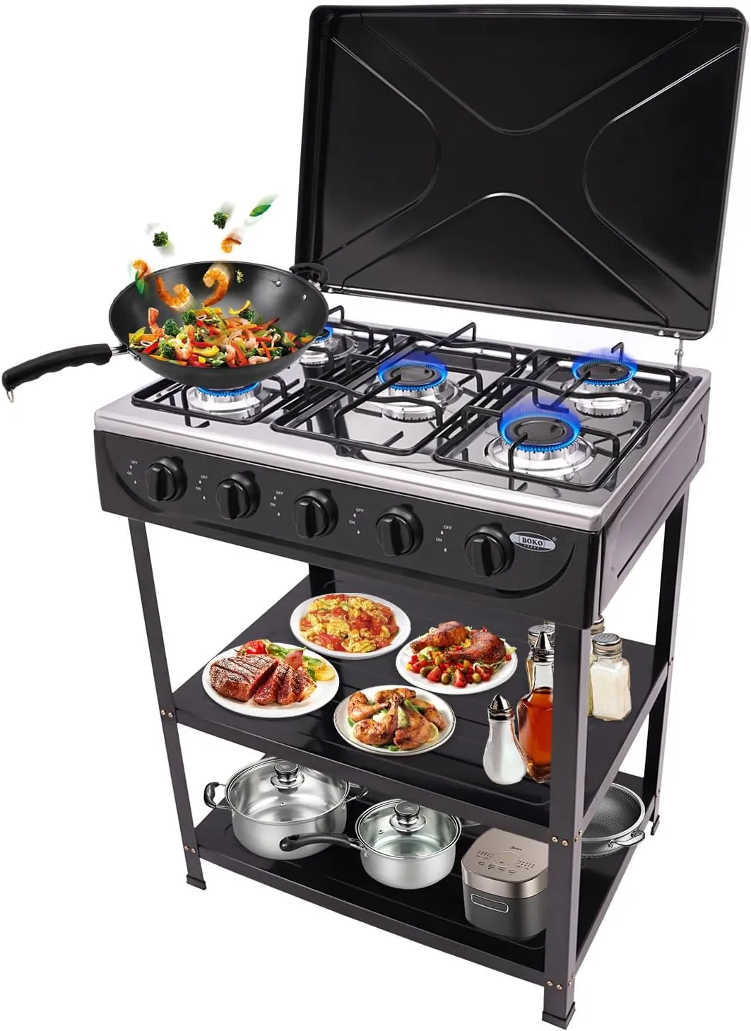5-Burner Gas Stove, Freestanding Natural Gas Stove with 2 Placement Boards, Independent Control Gas Stove, Use for Home, Camp, Commercial, Each Burner Combustion Power: 2.5KW (Black)