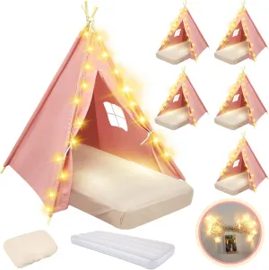 6 Pack Sleepovers Teepee Tent for Kids Bulk with Mattress Sheet Light,Natural Cotton Washable Indoor Play Tent for Birthday Slumber Party Girls Boys Pajama Movie Night Supplies(Pink)