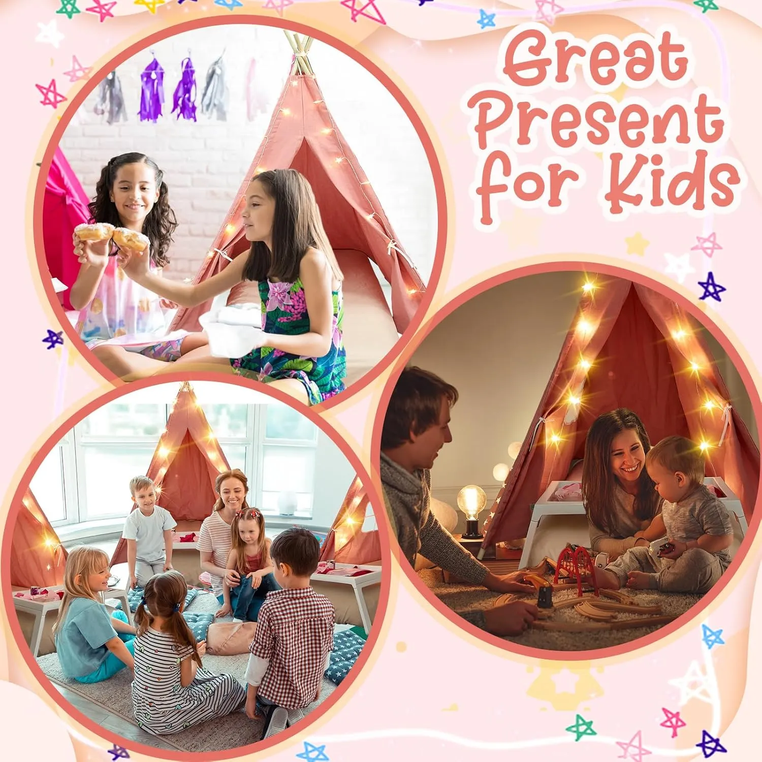6 Pack Sleepovers Teepee Tent for Kids Bulk with Mattress Sheet Light,Natural Cotton Washable Indoor Play Tent for Birthday Slumber Party Girls Boys Pajama Movie Night Supplies(Pink)