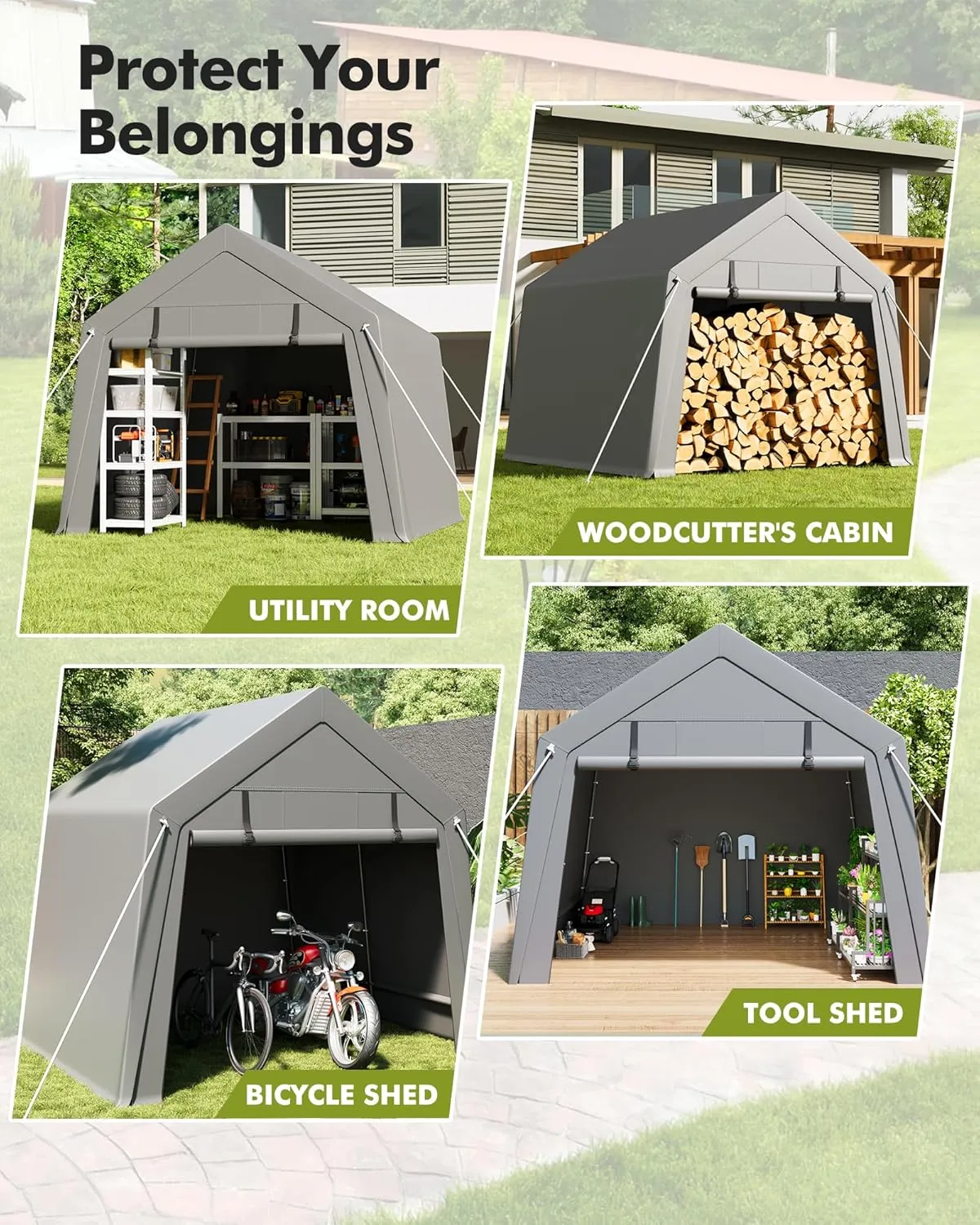 6 x 6 ft Carport Storage Shed, Shelter Logic with 2 Roll-up Zipper Door, Heavy Duty Waterproof Tarp, Storage Tent for Motorcycle, Bike, Garden Tools, Firewood