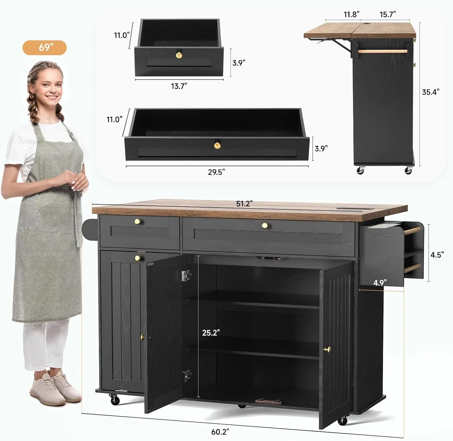 60" Kitchen Island with Power Outlet & Drop Leaf, Kitchen Rolling Island with Spice Rack & Towel Rack, Knife Holder, Kitchen Island Cart with Trash Storage Cabinet, Mobile Island Table for Kitchen