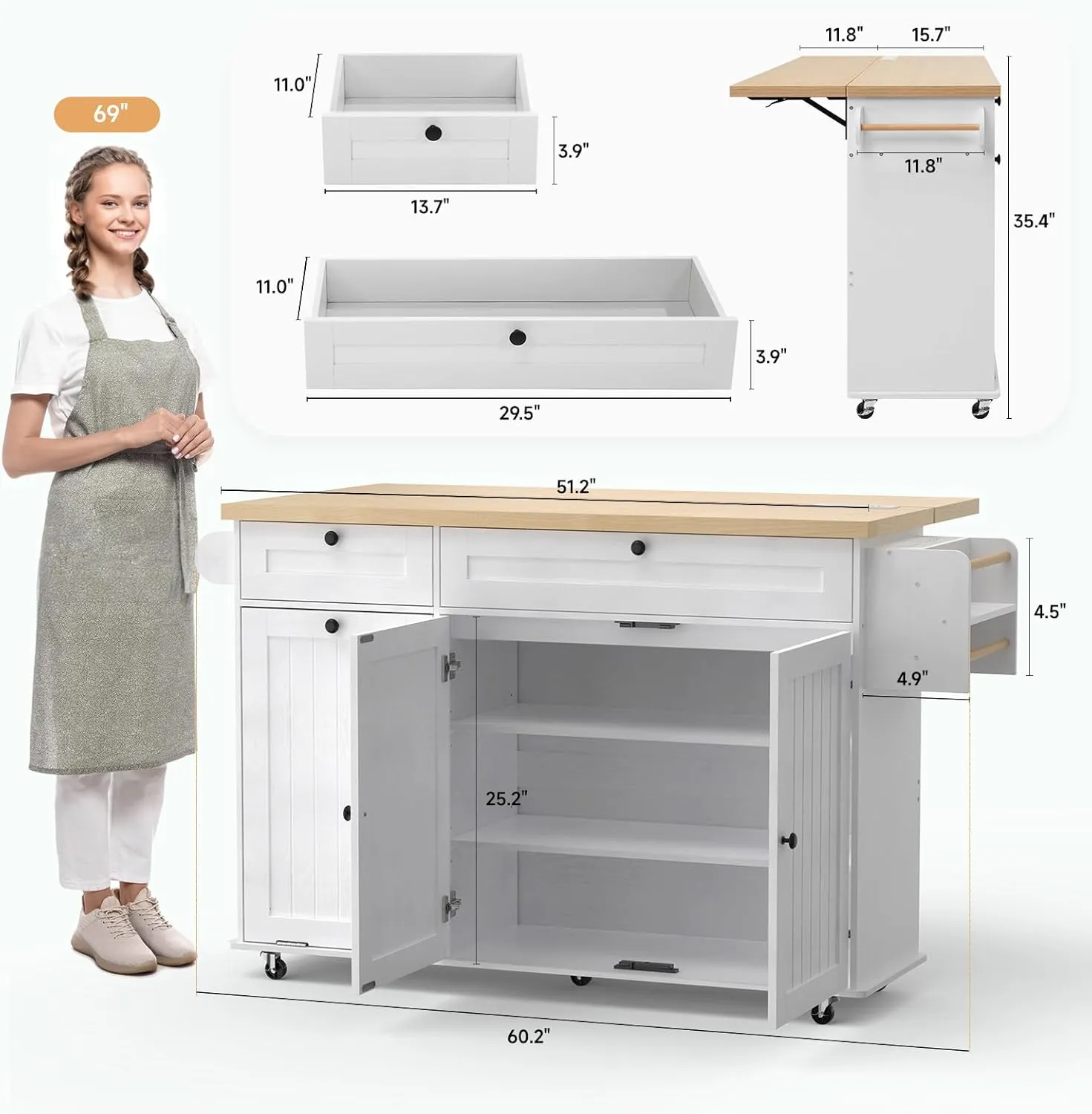 60" Kitchen Island with Power Outlet & Drop Leaf, Kitchen Rolling Island with Spice Rack & Towel Rack, Knife Holder, Kitchen Island Cart with Trash Storage Cabinet, Mobile Island Table for Kitchen