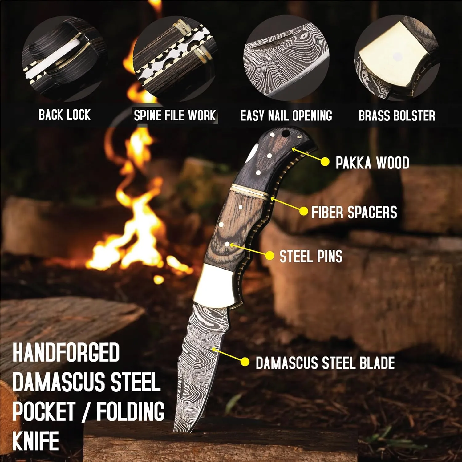 6.5 inch Damascus Pocket Knife with Sheath, Handmade Folding Pocket Knife for Men, Black-Red Wooden Handle with Brass Bolster, Secure Lock Back Camping Knife for EDC,Hunting,Hiking (Brown)