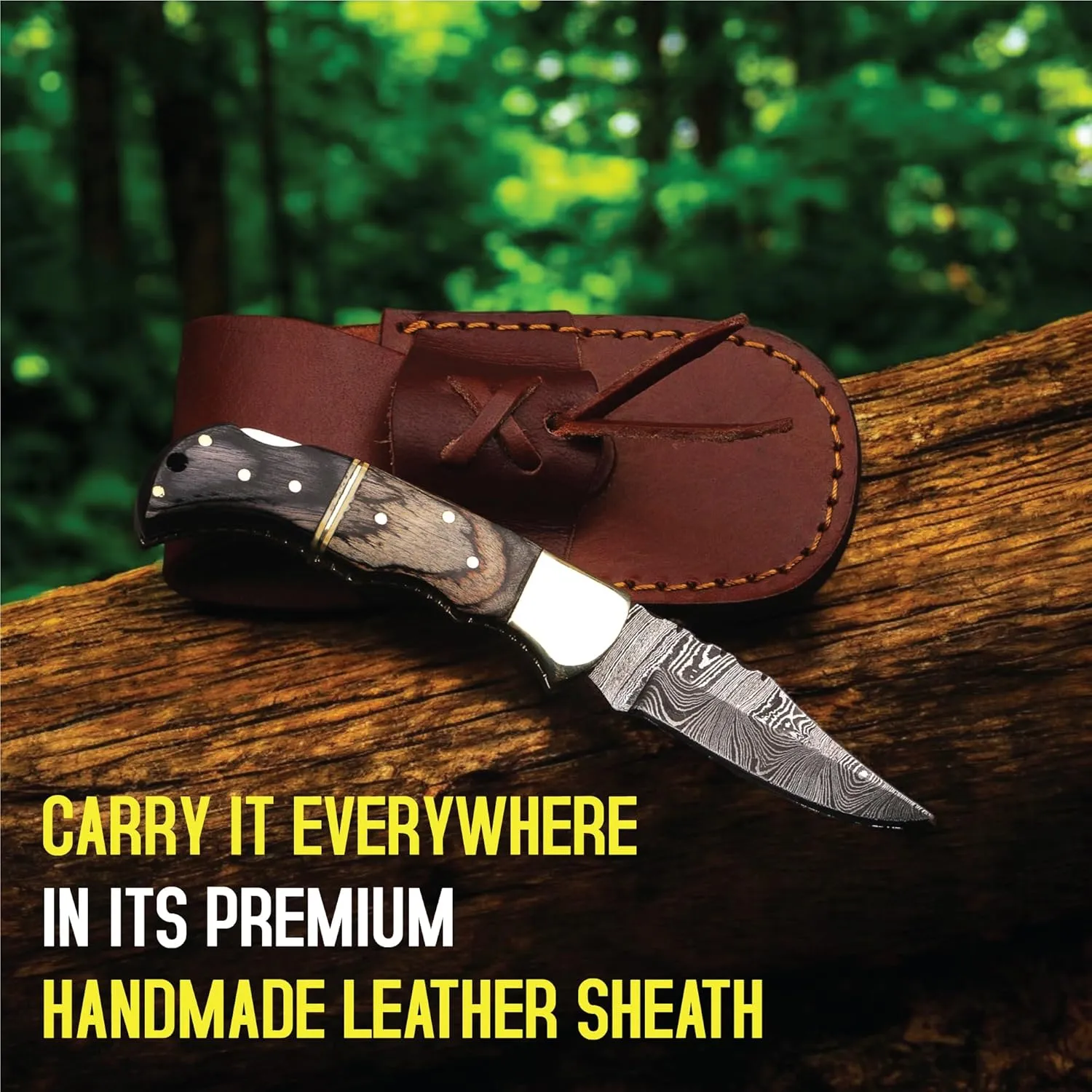 6.5 inch Damascus Pocket Knife with Sheath, Handmade Folding Pocket Knife for Men, Black-Red Wooden Handle with Brass Bolster, Secure Lock Back Camping Knife for EDC,Hunting,Hiking (Brown)