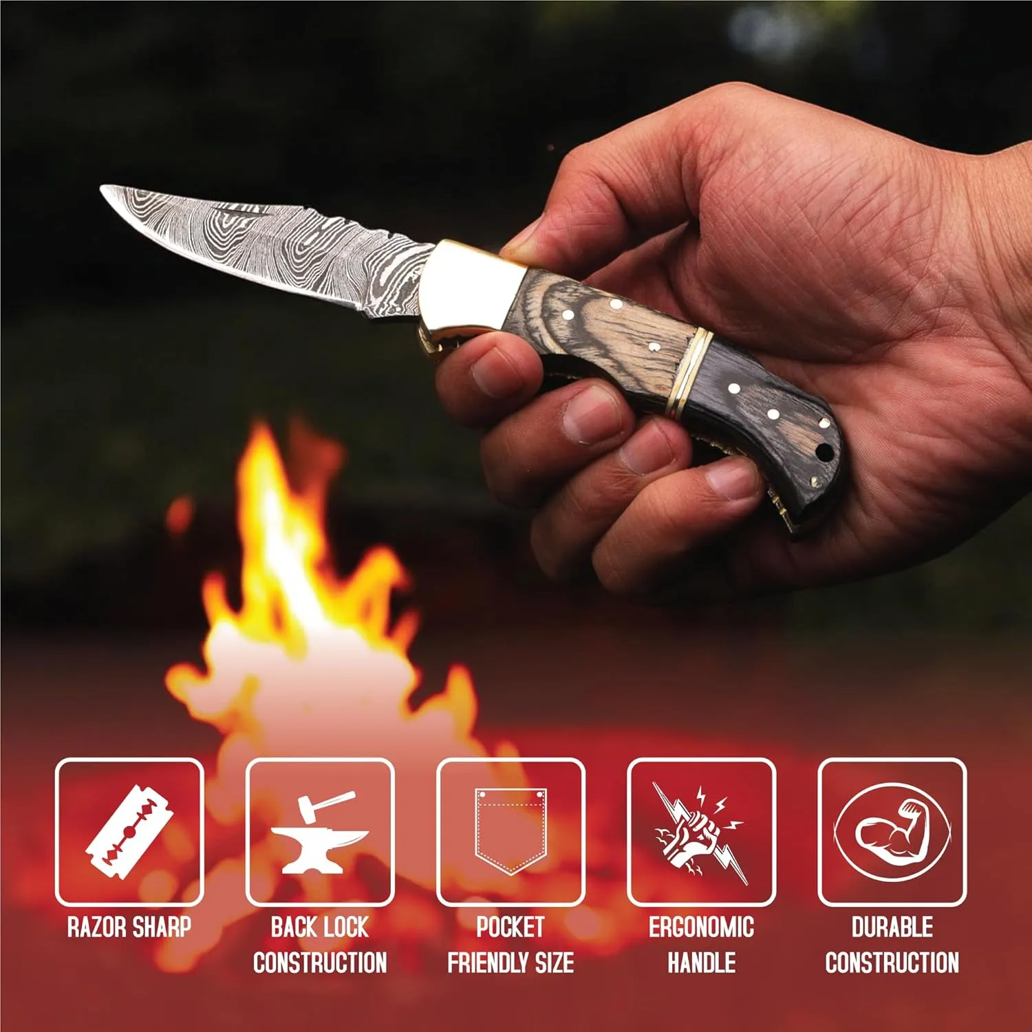 6.5 inch Damascus Pocket Knife with Sheath, Handmade Folding Pocket Knife for Men, Black-Red Wooden Handle with Brass Bolster, Secure Lock Back Camping Knife for EDC,Hunting,Hiking (Brown)
