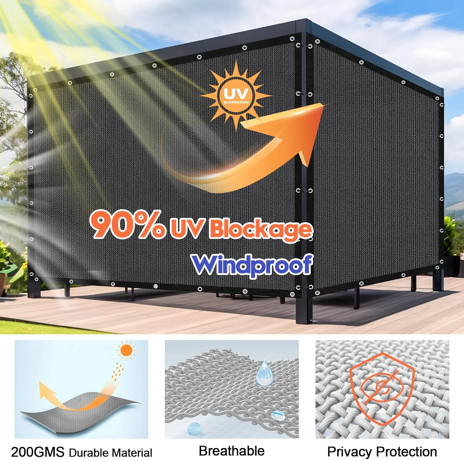 6'X 10' 90% Sun Shade Cloth Outdoor Patio Dark Grey Pergola Shades Cover Privacy Screen UV Block Porch Screens Canopy for Patio Outside Outdoor