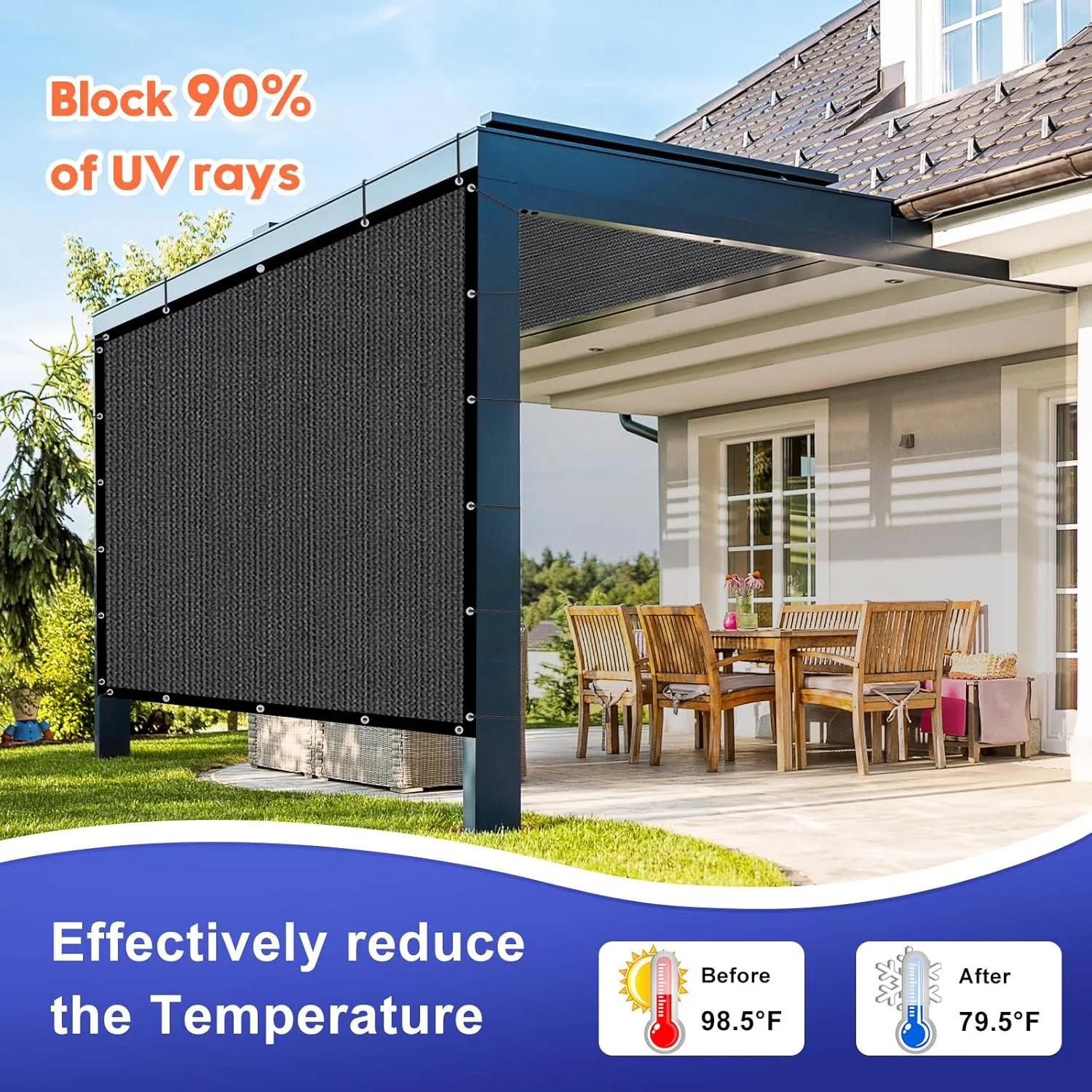 6'X 10' 90% Sun Shade Cloth Outdoor Patio Dark Grey Pergola Shades Cover Privacy Screen UV Block Porch Screens Canopy for Patio Outside Outdoor