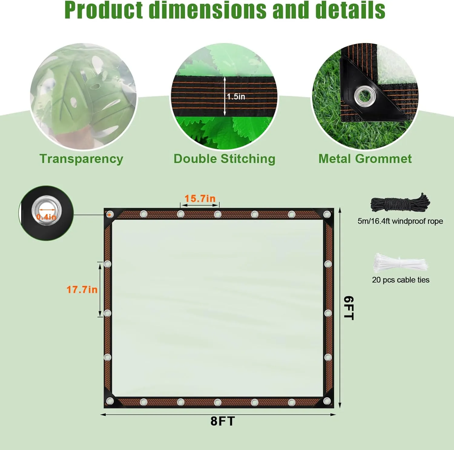 6x8ft Clear Waterproof Tarps Heavy Duty Transparent Tarpaulins Clear Vinyl Tarps with Grommet, Outdoor Transparent Cover for Greenhouse, Patio, Porches, Tent, Chicken Coop