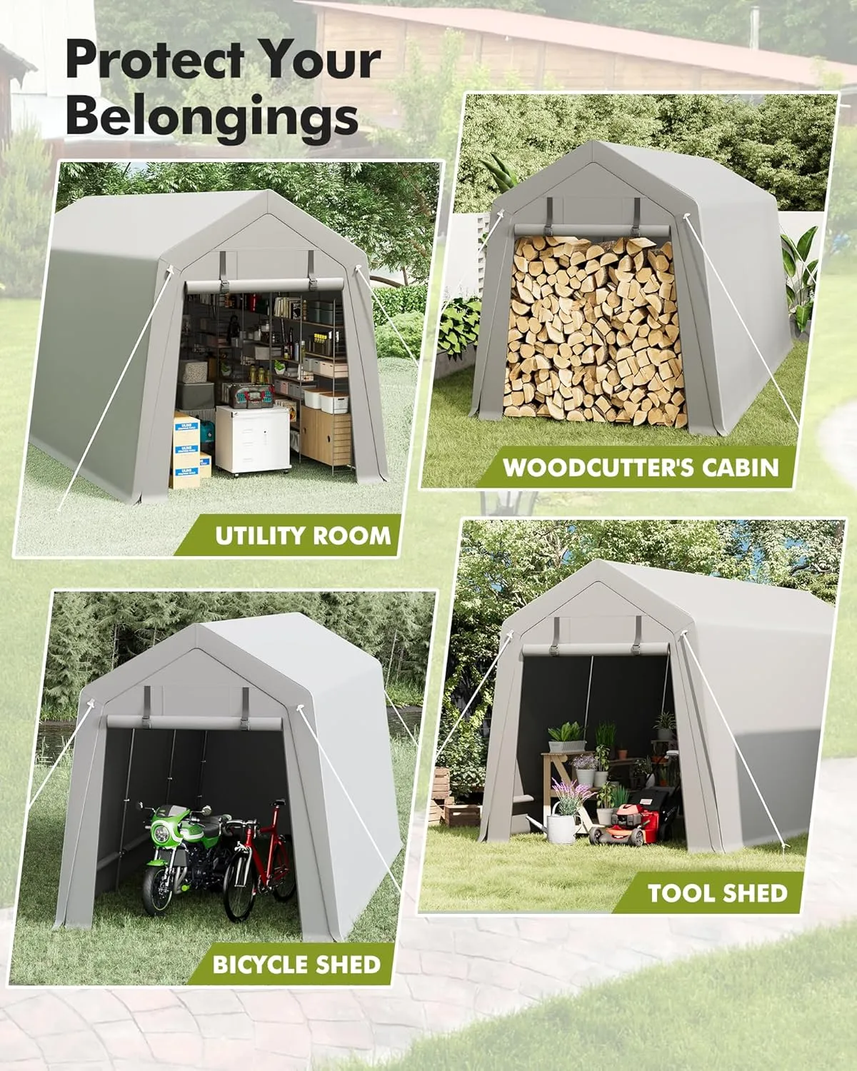 7 x 12 ft Carport Storage Shed, Shelter Logic with 2 Roll-up Zipper Door, Heavy Duty Waterproof Tarp, Storage Tent for Motorcycle, Bike, Garden Tools, Firewood