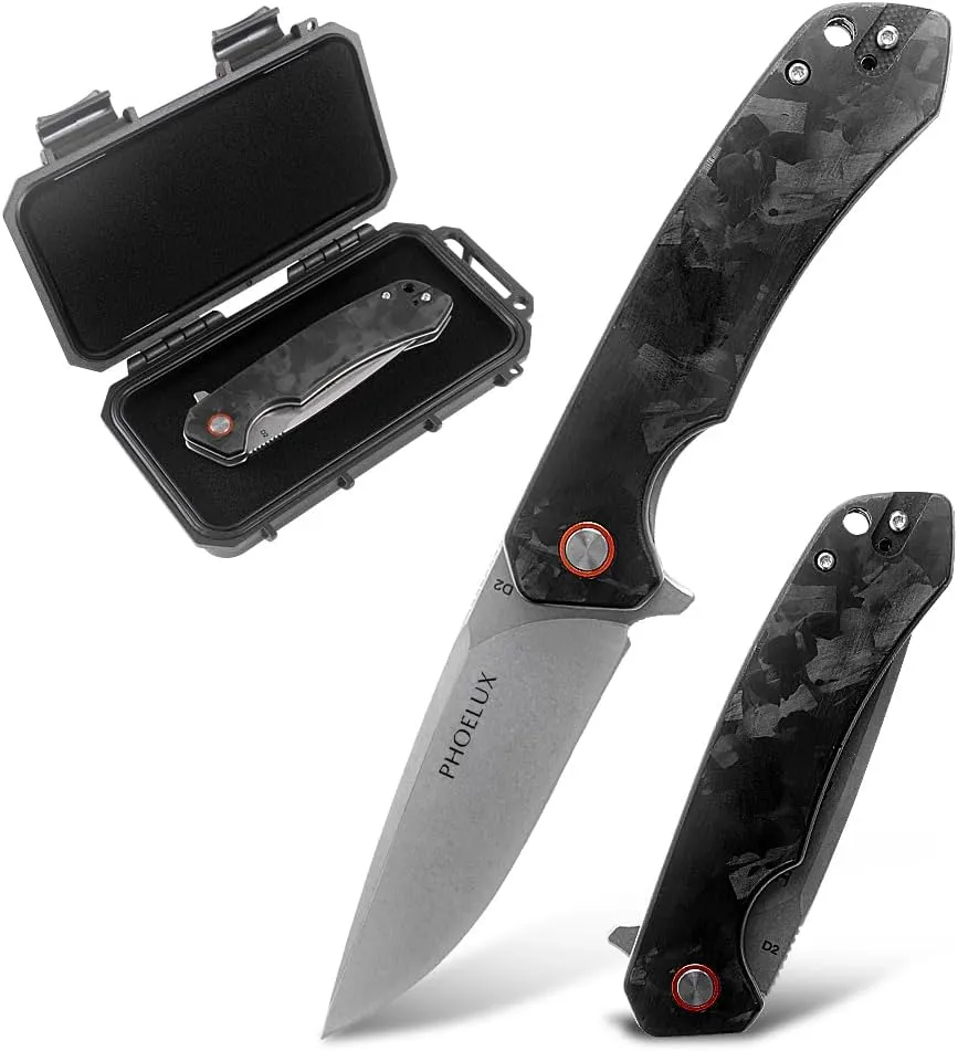 7.83" Pocket Folding Knife- D2 Blade and Carbon Fiber Handle (Graffiti Black) EDC Knife with Pocket Clip, Liner Lock and Waterproof Box, Good for Survival Camping, Outdoor, Hiking, Hunting