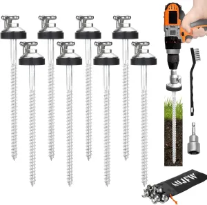8 Pcs 10" Drillable Threaded Long Hook Top Packs Tent Stakes, Heavy Duty Hardened Steel Ground Pegs for Grassland Garden Tents Canopies Awnings Camping Travel (Hex Tool and Storage Bag)
