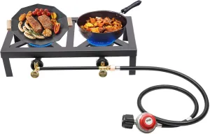 8000W Portable Two-Head Outdoor Gas Range, Propane Grill with Adjustable 0-10Psi Regulator Hose, 2 Burners for Camping, Hiking, Cooking and Hosing