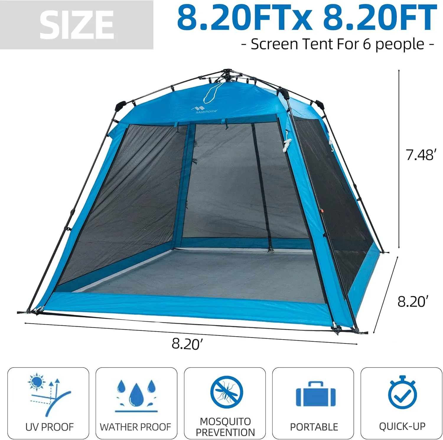 8.2'x8.2' Pop Up Canopy, 2025 Upgraded Outdoor Screen House Tent, Portable Folding Instant Camping Canopy, Easy Set-up Canopy -Blue