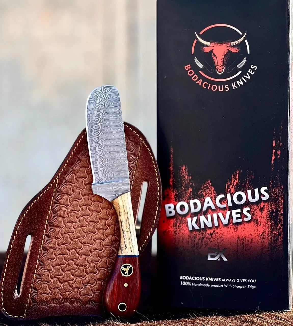 8" Handmade Damascus Bull Cutter Knife with Leather Sheath - Western Cowboy knife for Hunting, Skinning, Camping, and outdoor activities (Red & Ash)