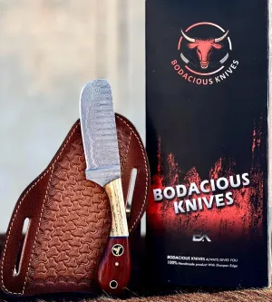 8" Handmade Damascus Bull Cutter Knife with Leather Sheath - Western Cowboy knife for Hunting, Skinning, Camping, and outdoor activities (Red & Ash)