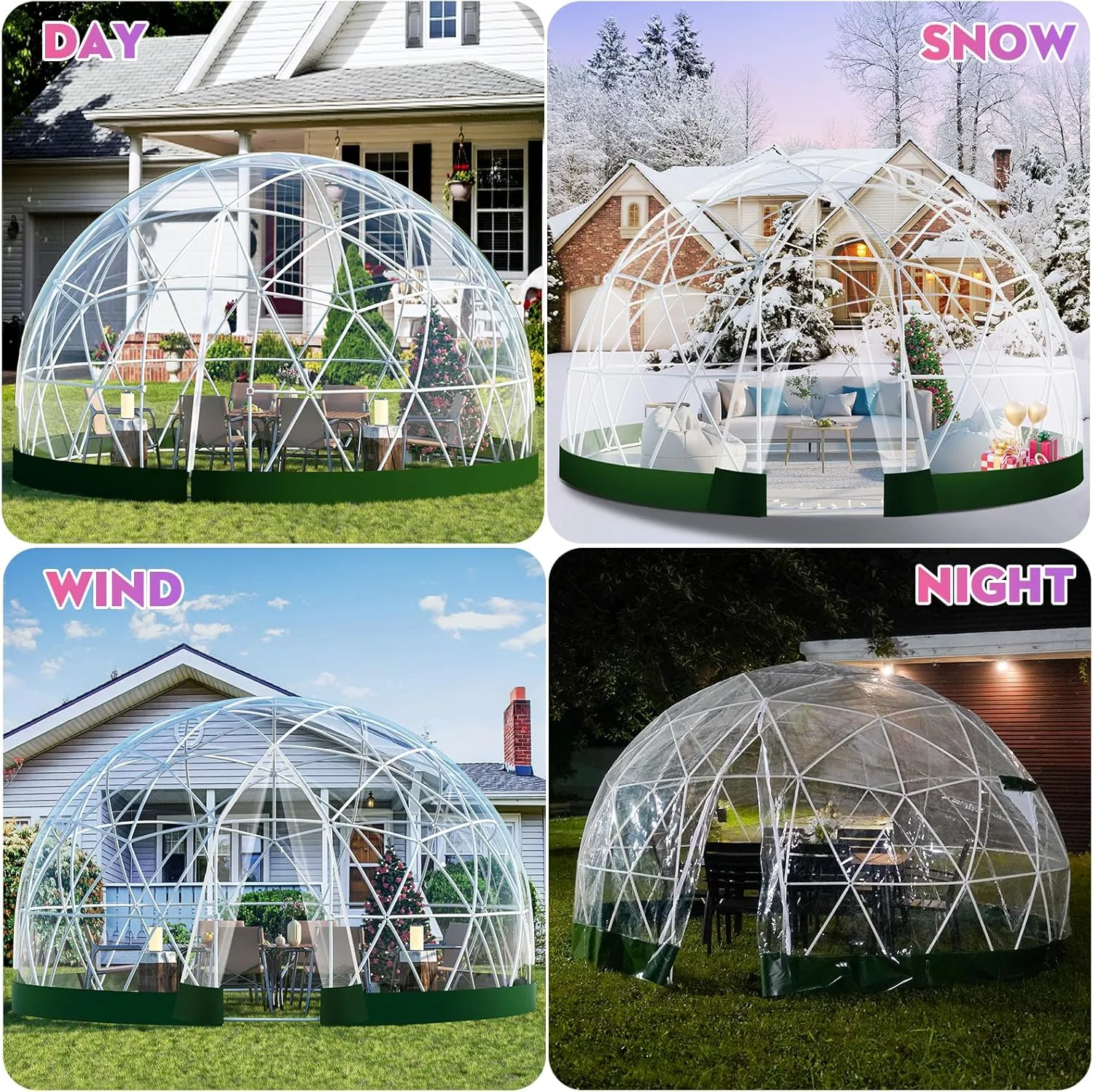 9.5*5.7FT Garden Dome Igloo Bubble House Camping Tent with Sunshade, Upgraded Weatherproof Geodesic Dome Greenhouse with Clear Cover for 2-4 Person, Garden Dome for Outdoor, Party, Green