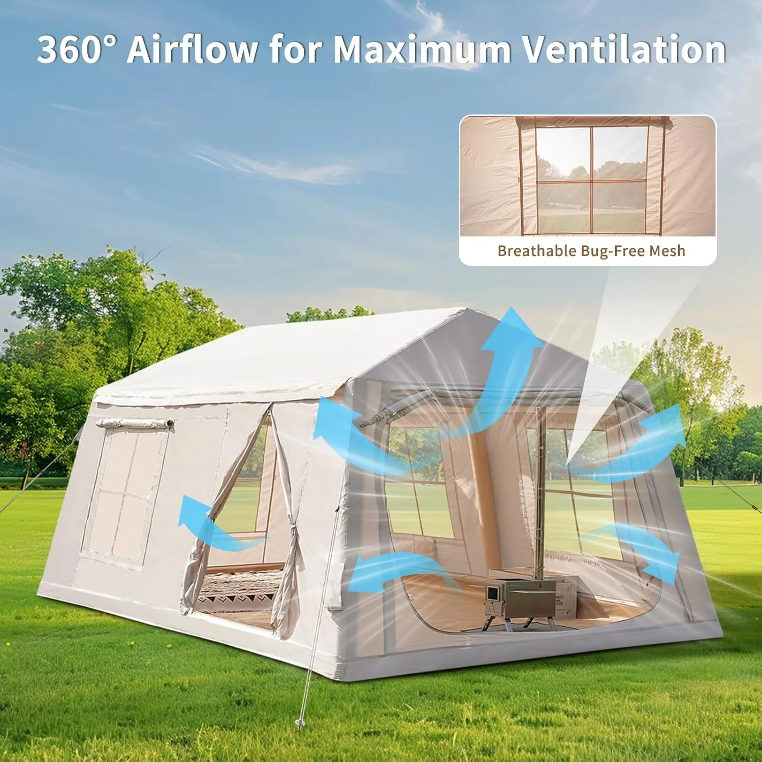 ABORON 2/6/8 Person Inflatable Camping Tent, Easy Setup Blow Up Air Tent with Hand Pump, Waterproof 4-Season Glamping Tent with Large Mesh Windows & Oversized Canopy for Couples, Group & Family