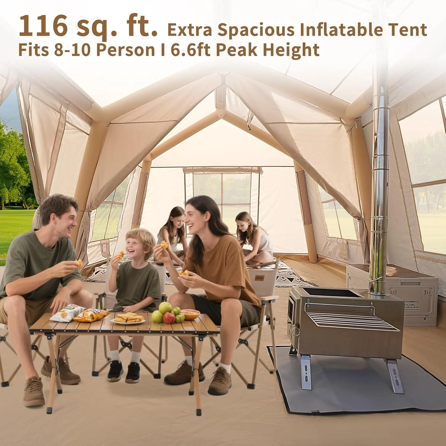 ABORON 2/6/8 Person Inflatable Camping Tent, Easy Setup Blow Up Air Tent with Hand Pump, Waterproof 4-Season Glamping Tent with Large Mesh Windows & Oversized Canopy for Couples, Group & Family