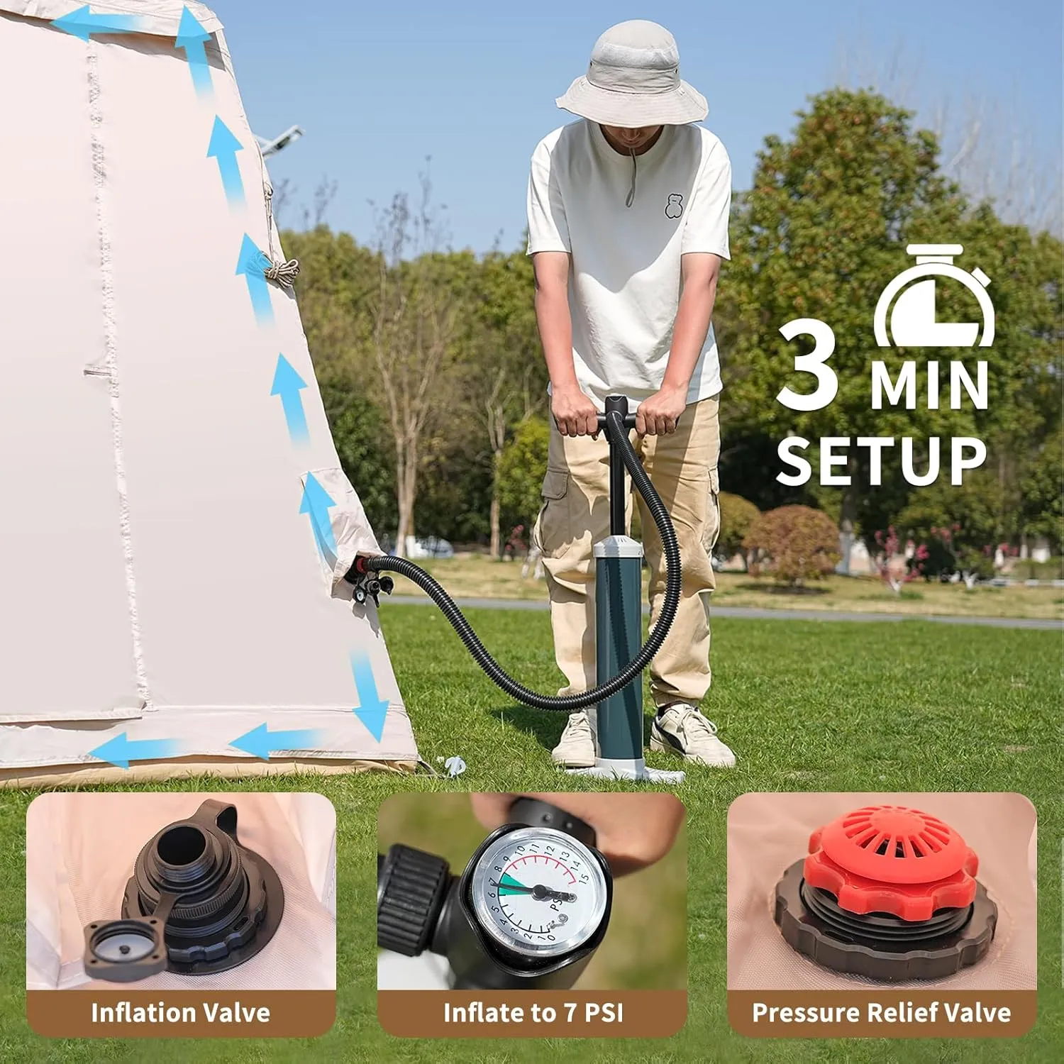 ABORON 2/6/8 Person Inflatable Camping Tent, Easy Setup Blow Up Air Tent with Hand Pump, Waterproof 4-Season Glamping Tent with Large Mesh Windows & Oversized Canopy for Couples, Group & Family