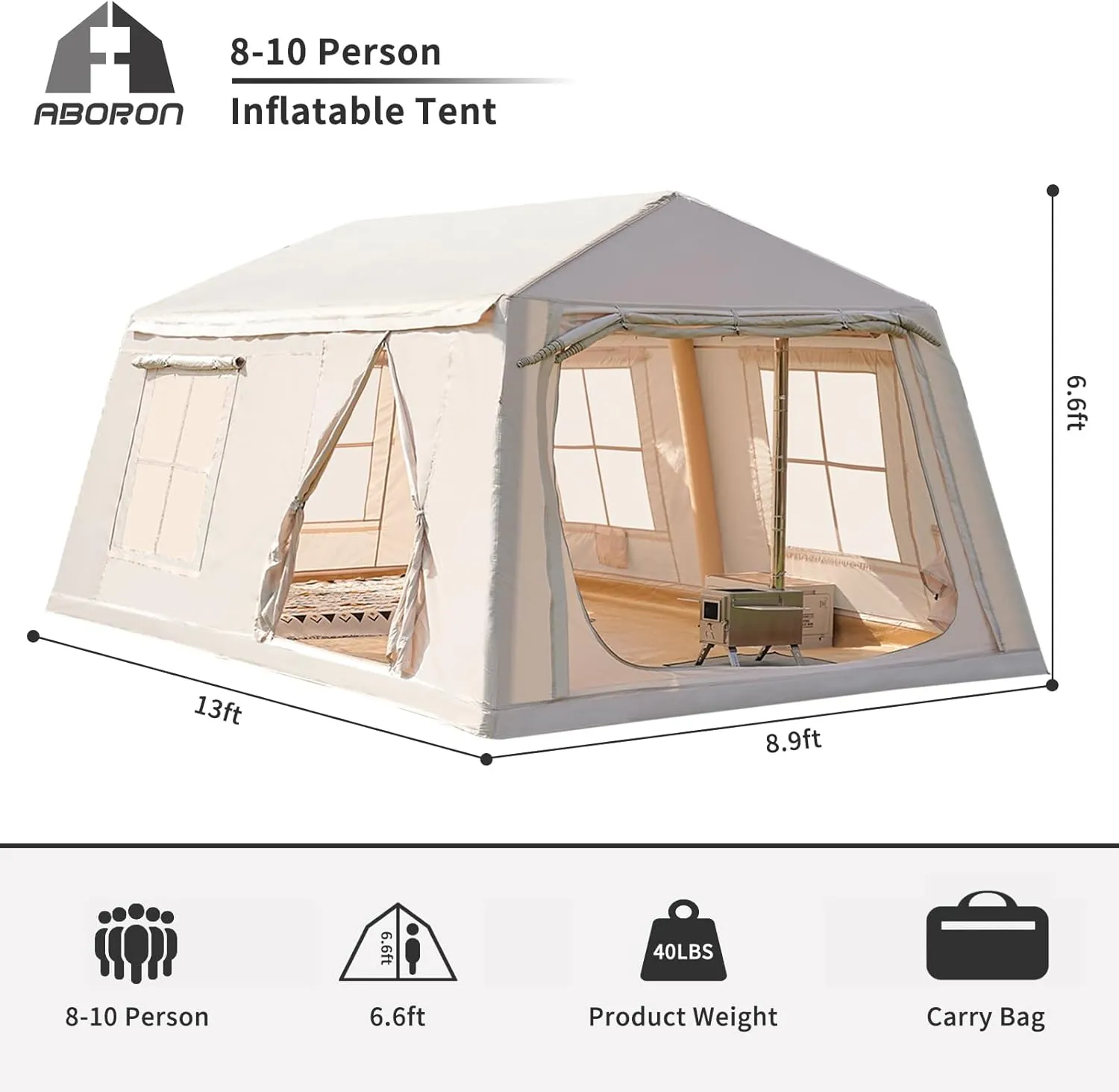 ABORON 2/6/8 Person Inflatable Camping Tent, Easy Setup Blow Up Air Tent with Hand Pump, Waterproof 4-Season Glamping Tent with Large Mesh Windows & Oversized Canopy for Couples, Group & Family