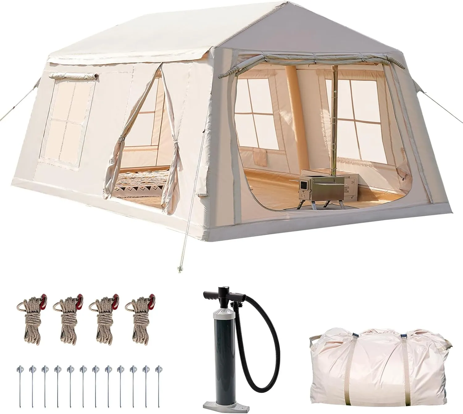 ABORON 2/6/8 Person Inflatable Camping Tent, Easy Setup Blow Up Air Tent with Hand Pump, Waterproof 4-Season Glamping Tent with Large Mesh Windows & Oversized Canopy for Couples, Group & Family