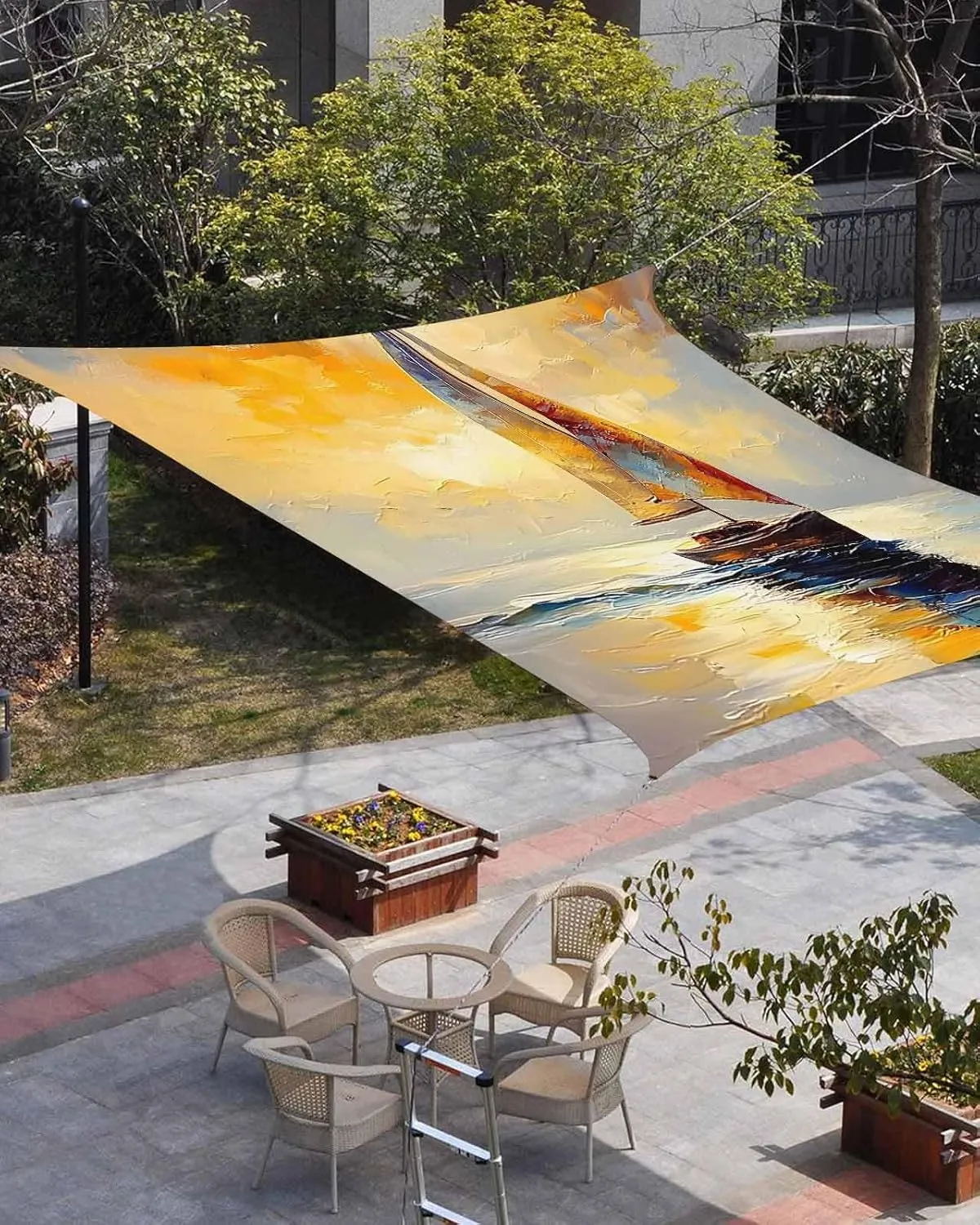 Abstract Sun Shade Sail 6’x 10’, Boat Lake Scenery Modern Rectangular Sunshade Sail UV Protection, Outdoor Waterproof Sun Shade Canopy for Patio Deck Pool Park