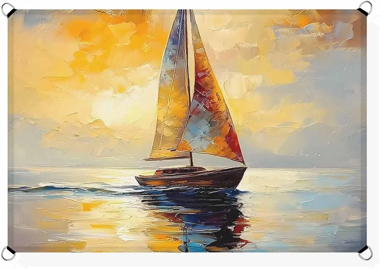 Abstract Sun Shade Sail 6’x 10’, Boat Lake Scenery Modern Rectangular Sunshade Sail UV Protection, Outdoor Waterproof Sun Shade Canopy for Patio Deck Pool Park