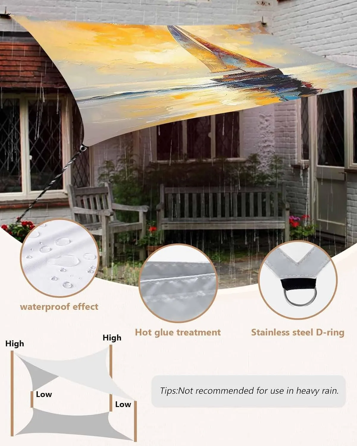 Abstract Sun Shade Sail 6’x 10’, Boat Lake Scenery Modern Rectangular Sunshade Sail UV Protection, Outdoor Waterproof Sun Shade Canopy for Patio Deck Pool Park
