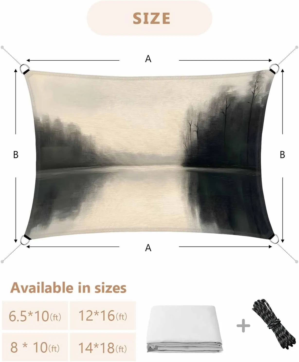 Abstract Sun Shade Sail 6’x 10’, Lake Landscape Tree Sky Black Scenery Reflection Rectangular Sunshade Sail UV Protection, Outdoor Waterproof Sun Shade Canopy for Patio Deck Pool Park