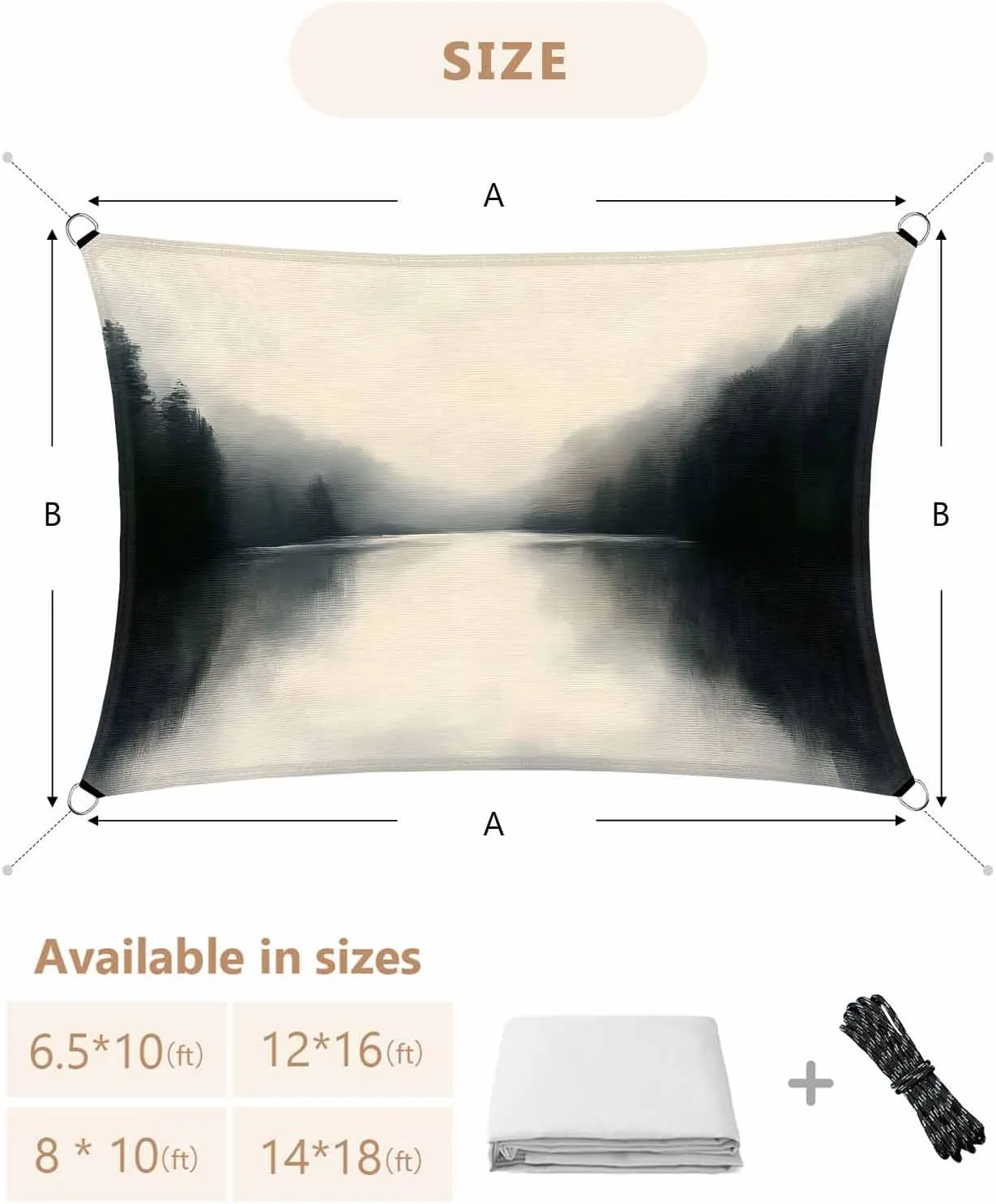 Abstract Sun Shade Sail 6’x 10’, Lake Mountain Scenery Fog Forest Modern Nature Rectangular Sunshade Sail UV Protection, Outdoor Waterproof Sun Shade Canopy for Patio Deck Pool Park