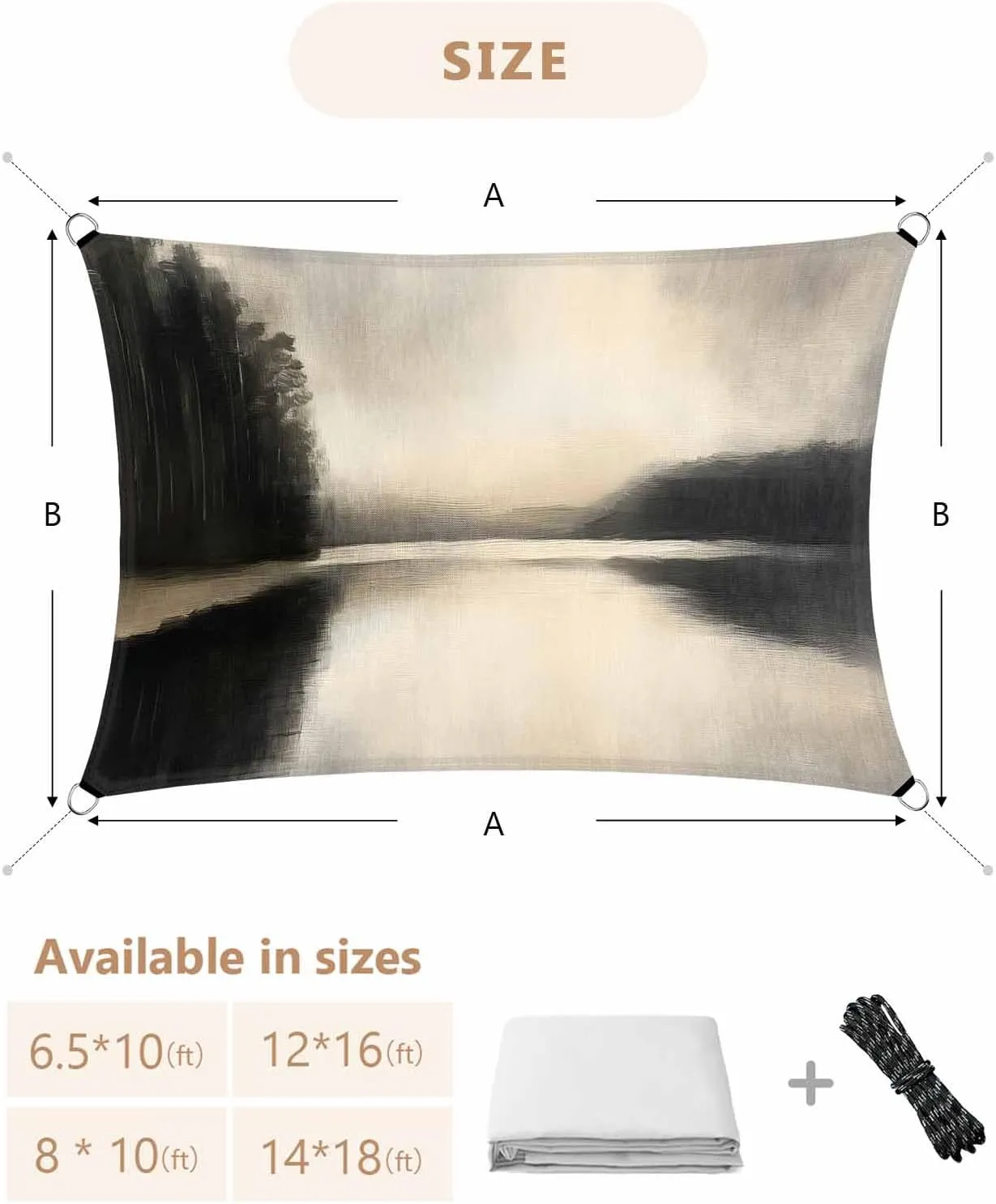Abstract Sun Shade Sail 8’x 10’, Lake Landscape Tree Sky Scenery Black Rectangular Sunshade Sail UV Protection, Outdoor Waterproof Sun Shade Canopy for Patio Deck Pool Park