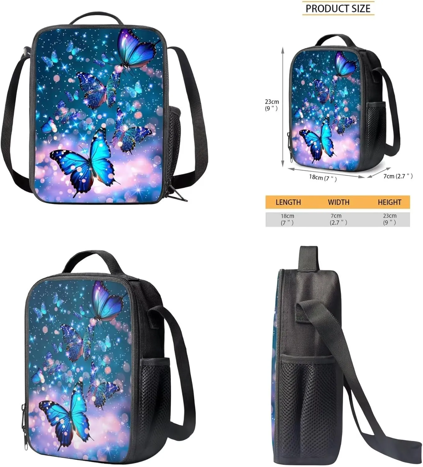 Aesthetic Butterfly Backpack for Girls Kids Backpack with Lunch Box and Fabric Pencil Pouch 3 Pcs Set 15" Large Capacity Bookbag with Front Pocket for School Sturdy Kindergarten School Bag