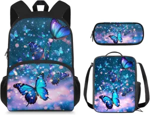 Aesthetic Butterfly Backpack for Girls Kids Backpack with Lunch Box and Fabric Pencil Pouch 3 Pcs Set 15" Large Capacity Bookbag with Front Pocket for School Sturdy Kindergarten School Bag