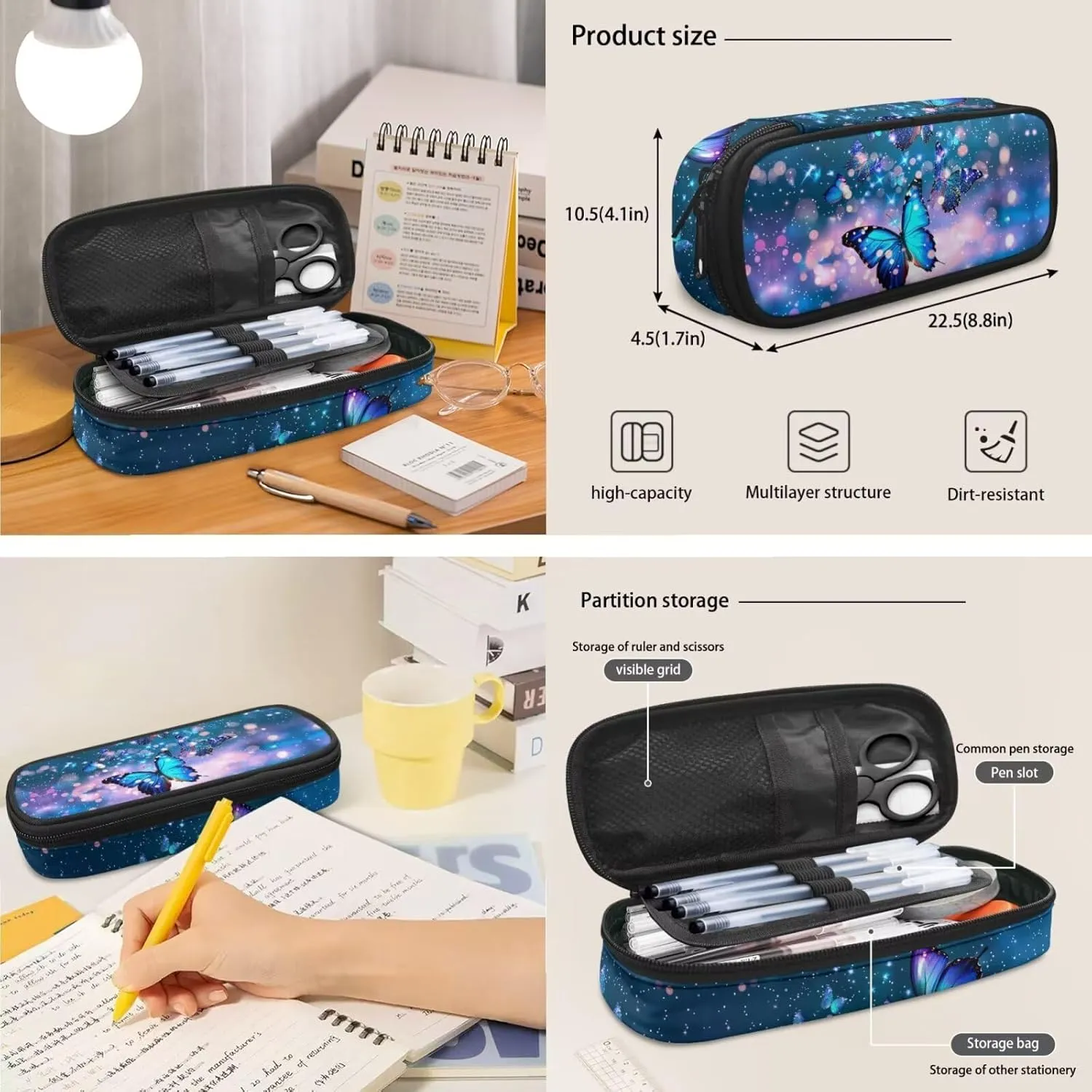 Aesthetic Butterfly Backpack for Girls Kids Backpack with Lunch Box and Fabric Pencil Pouch 3 Pcs Set 15" Large Capacity Bookbag with Front Pocket for School Sturdy Kindergarten School Bag