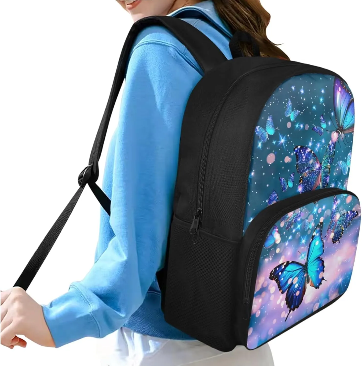 Aesthetic Butterfly Backpack for Girls Kids Backpack with Lunch Box and Fabric Pencil Pouch 3 Pcs Set 15" Large Capacity Bookbag with Front Pocket for School Sturdy Kindergarten School Bag