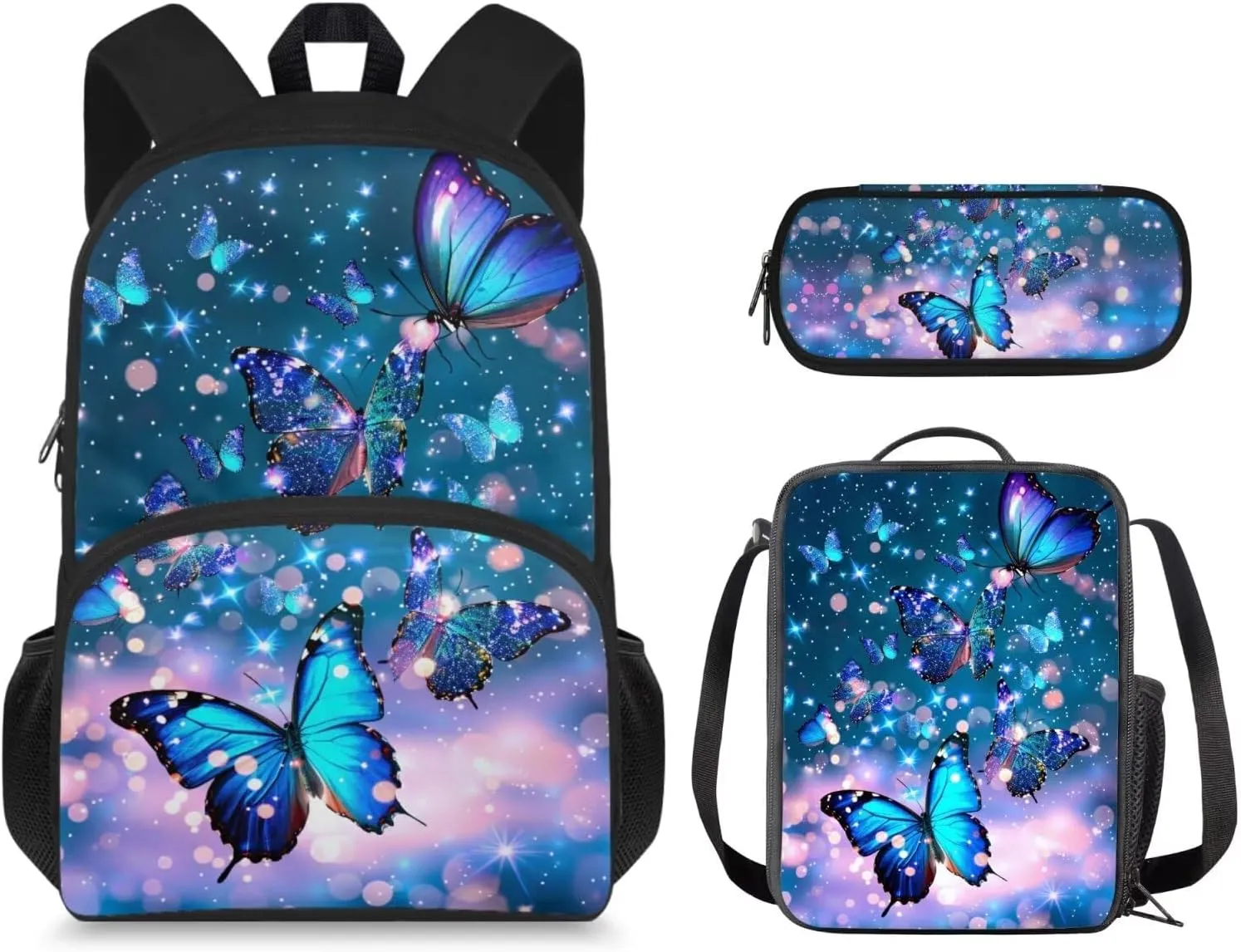 Aesthetic Butterfly Backpack for Girls Kids Backpack with Lunch Box and Fabric Pencil Pouch 3 Pcs Set 15" Large Capacity Bookbag with Front Pocket for School Sturdy Kindergarten School Bag