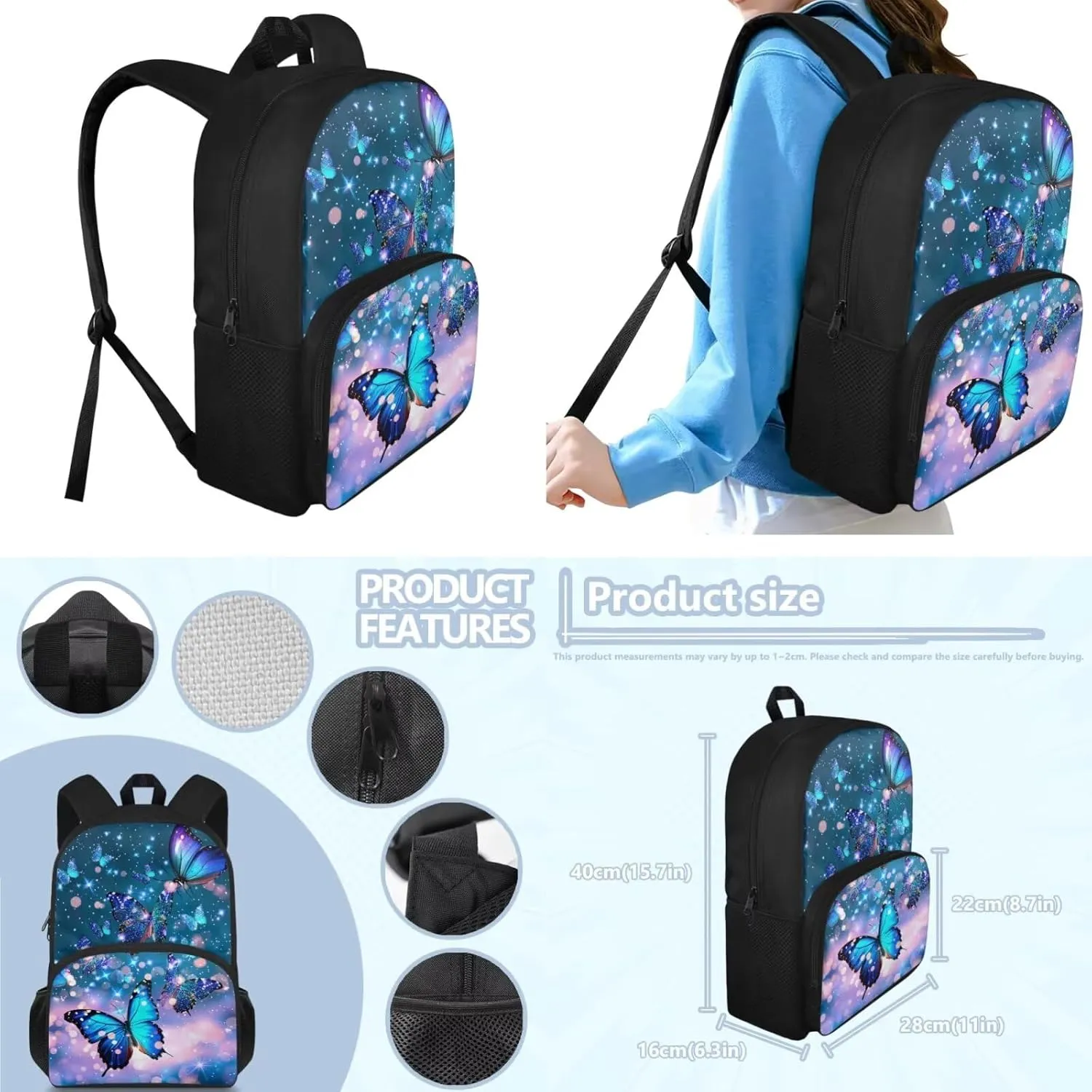 Aesthetic Butterfly Backpack for Girls Kids Backpack with Lunch Box and Fabric Pencil Pouch 3 Pcs Set 15" Large Capacity Bookbag with Front Pocket for School Sturdy Kindergarten School Bag