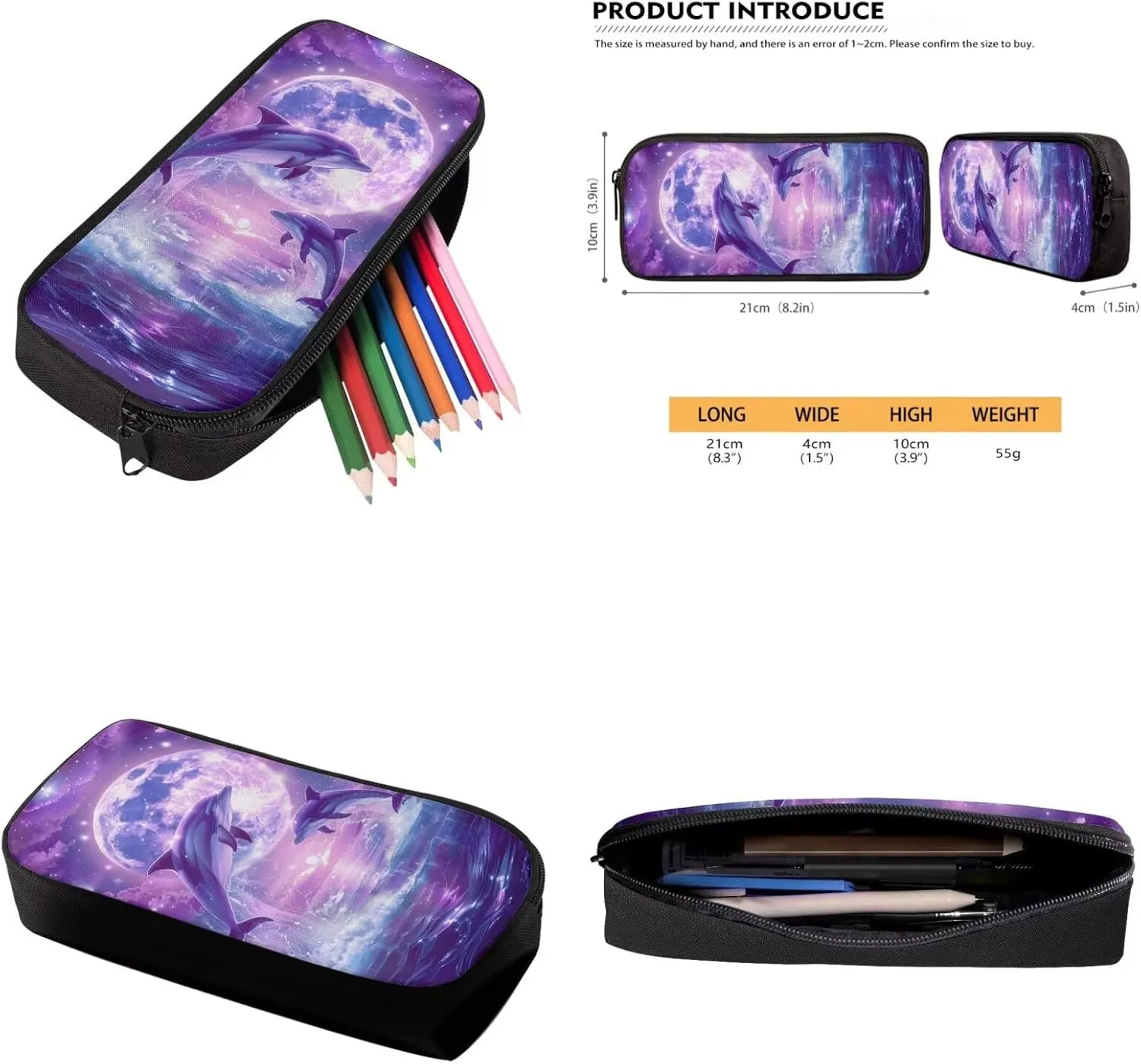 Aesthetic Dolphin Backpack for Girls Kids Backpack with Lunch Box and Pencil Case Pouch 3Pcs Set 15" Lightweight Bookbag with Front Pocket for School Large Capacity Kindergarten School Bag