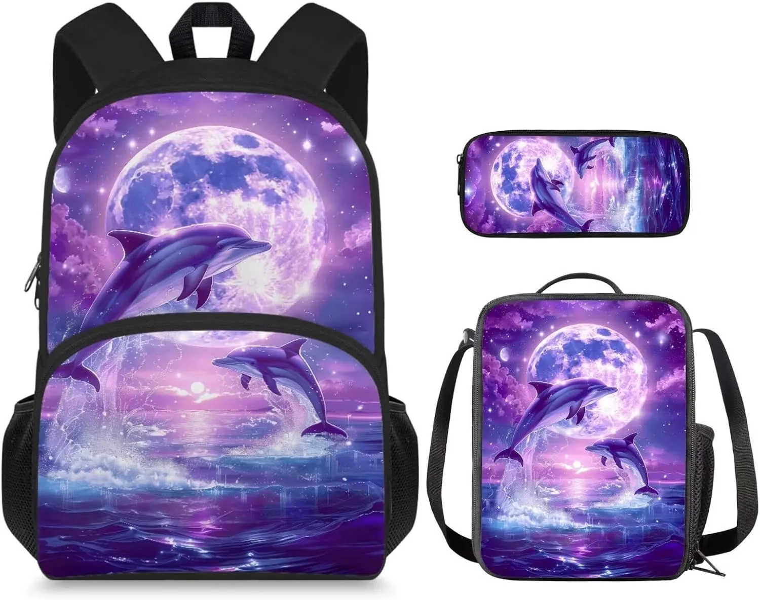 Aesthetic Dolphin Backpack for Girls Kids Backpack with Lunch Box and Pencil Case Pouch 3Pcs Set 15" Lightweight Bookbag with Front Pocket for School Large Capacity Kindergarten School Bag