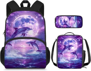 Aesthetic Dolphin Backpack for Girls Kids Backpack with Lunch Box and Pencil Case Pouch 3Pcs Set 15" Lightweight Bookbag with Front Pocket for School Large Capacity Kindergarten School Bag