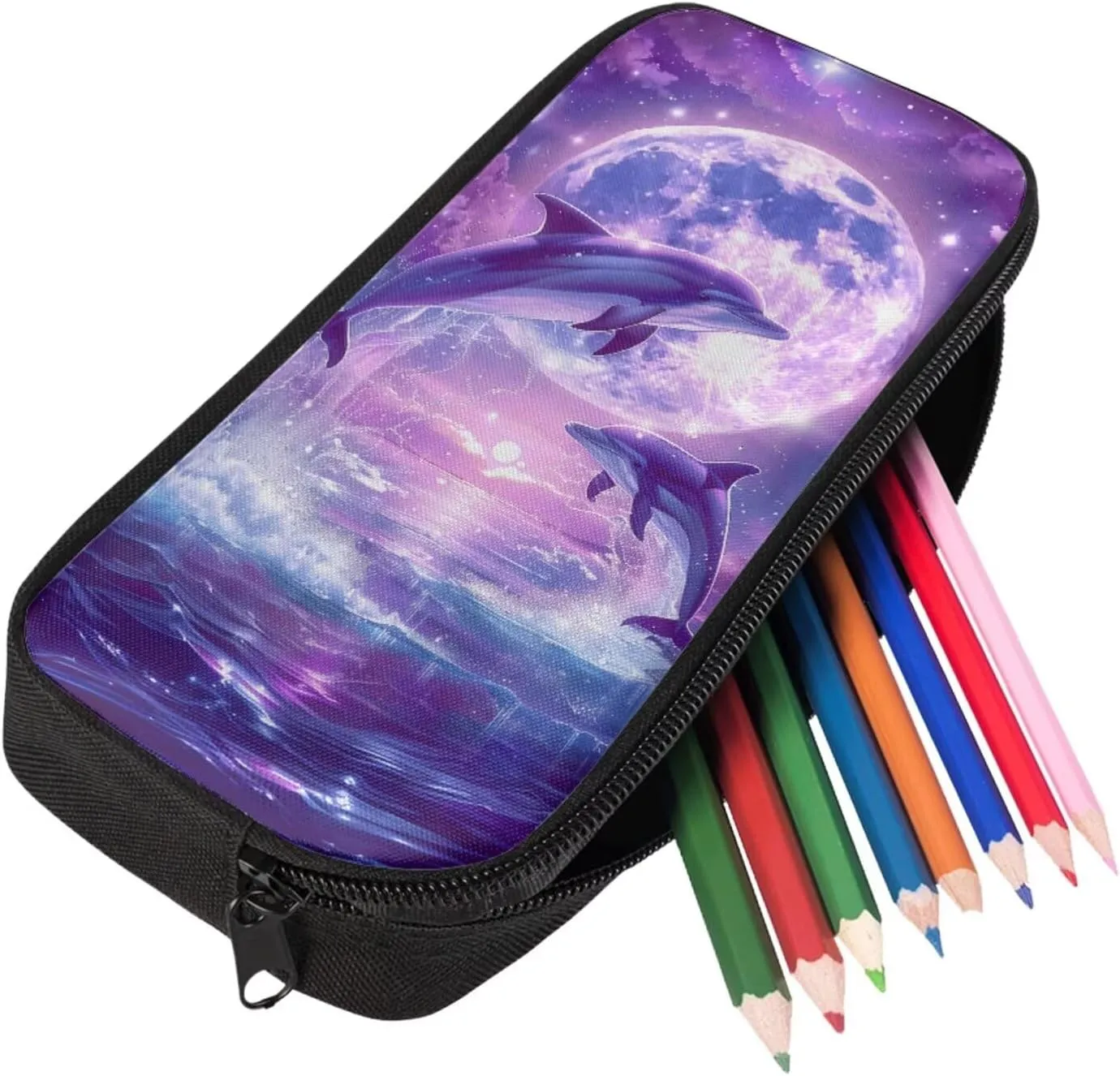 Aesthetic Dolphin Backpack for Girls Kids Backpack with Lunch Box and Pencil Case Pouch 3Pcs Set 15" Lightweight Bookbag with Front Pocket for School Large Capacity Kindergarten School Bag