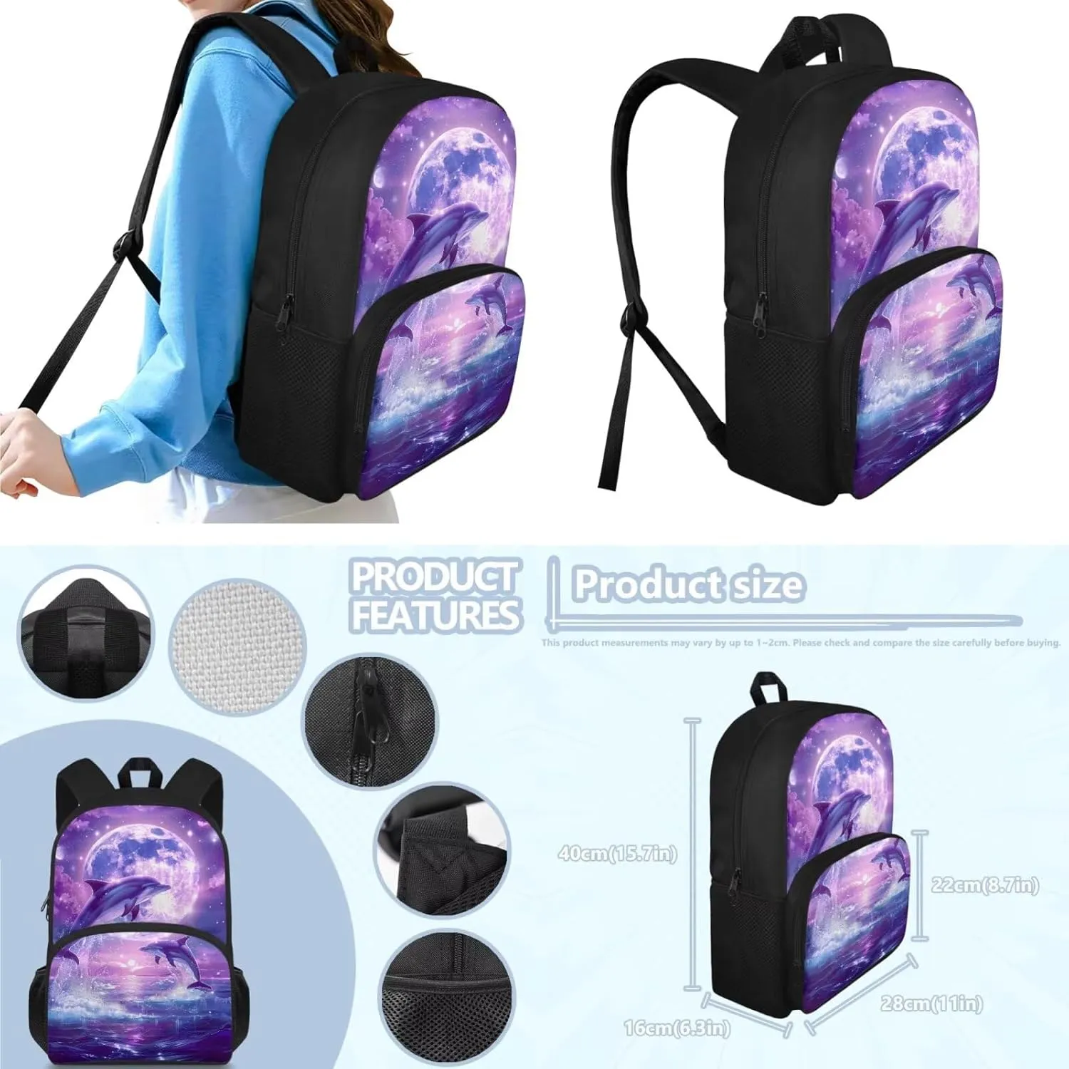Aesthetic Dolphin Backpack for Girls Kids Backpack with Lunch Box and Pencil Case Pouch 3Pcs Set 15" Lightweight Bookbag with Front Pocket for School Large Capacity Kindergarten School Bag