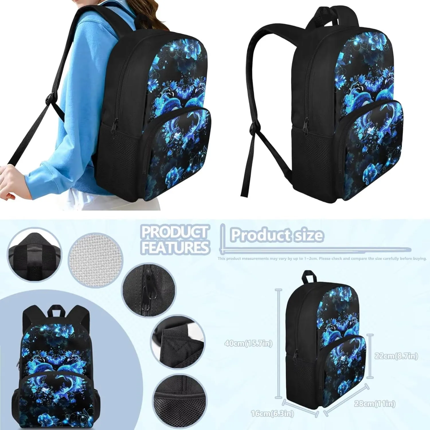 Aesthetic Dolphin Backpack for Girls Kids Backpack with Lunch Box and Soft Pencil Pouch 3Pcs Set 15" Large Capacity Bookbag with Front Pocket for School Sturdy Kindergarten School Bag