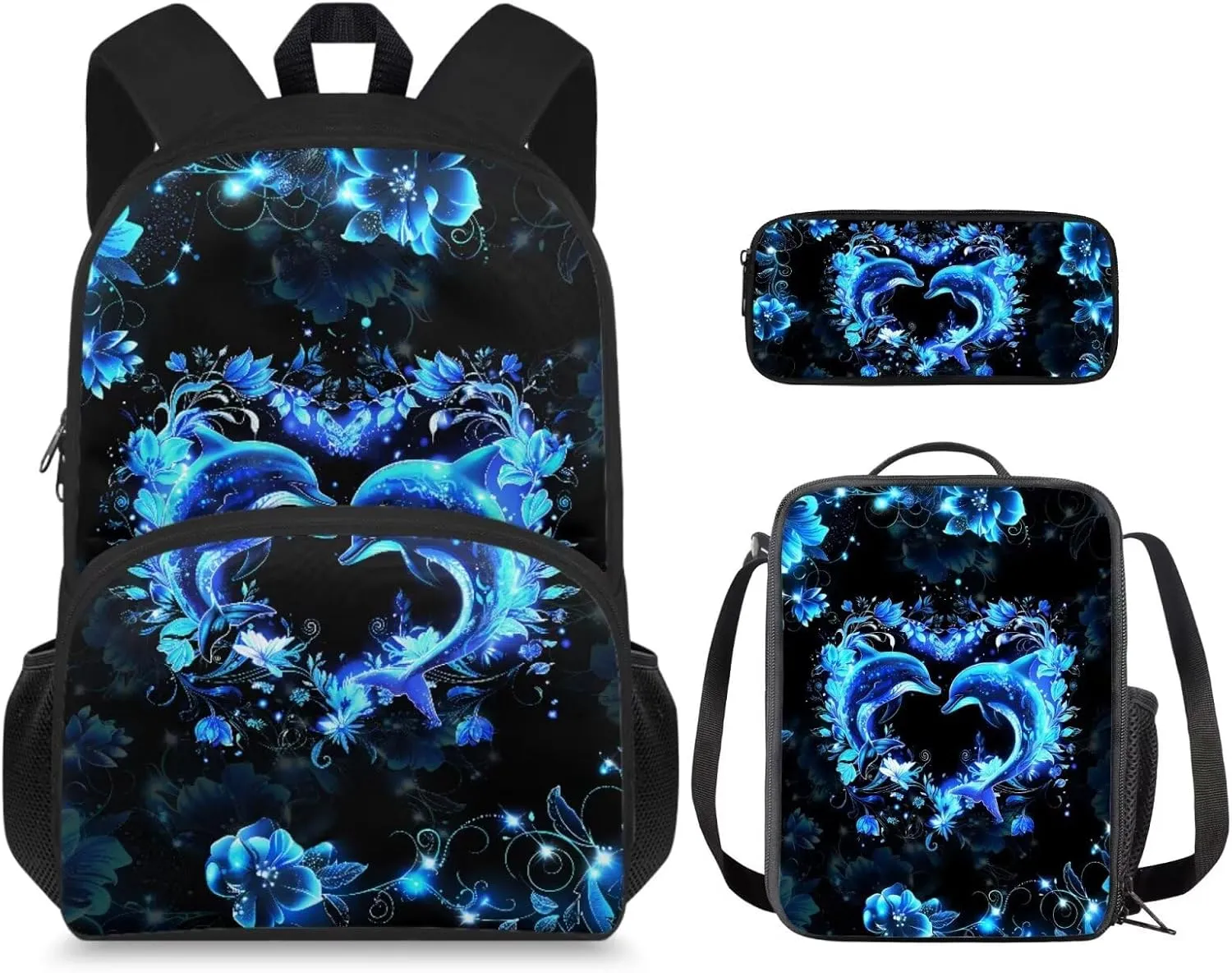 Aesthetic Dolphin Backpack for Girls Kids Backpack with Lunch Box and Soft Pencil Pouch 3Pcs Set 15" Large Capacity Bookbag with Front Pocket for School Sturdy Kindergarten School Bag