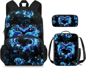 Aesthetic Dolphin Backpack for Girls Kids Backpack with Lunch Box and Soft Pencil Pouch 3Pcs Set 15" Large Capacity Bookbag with Front Pocket for School Sturdy Kindergarten School Bag