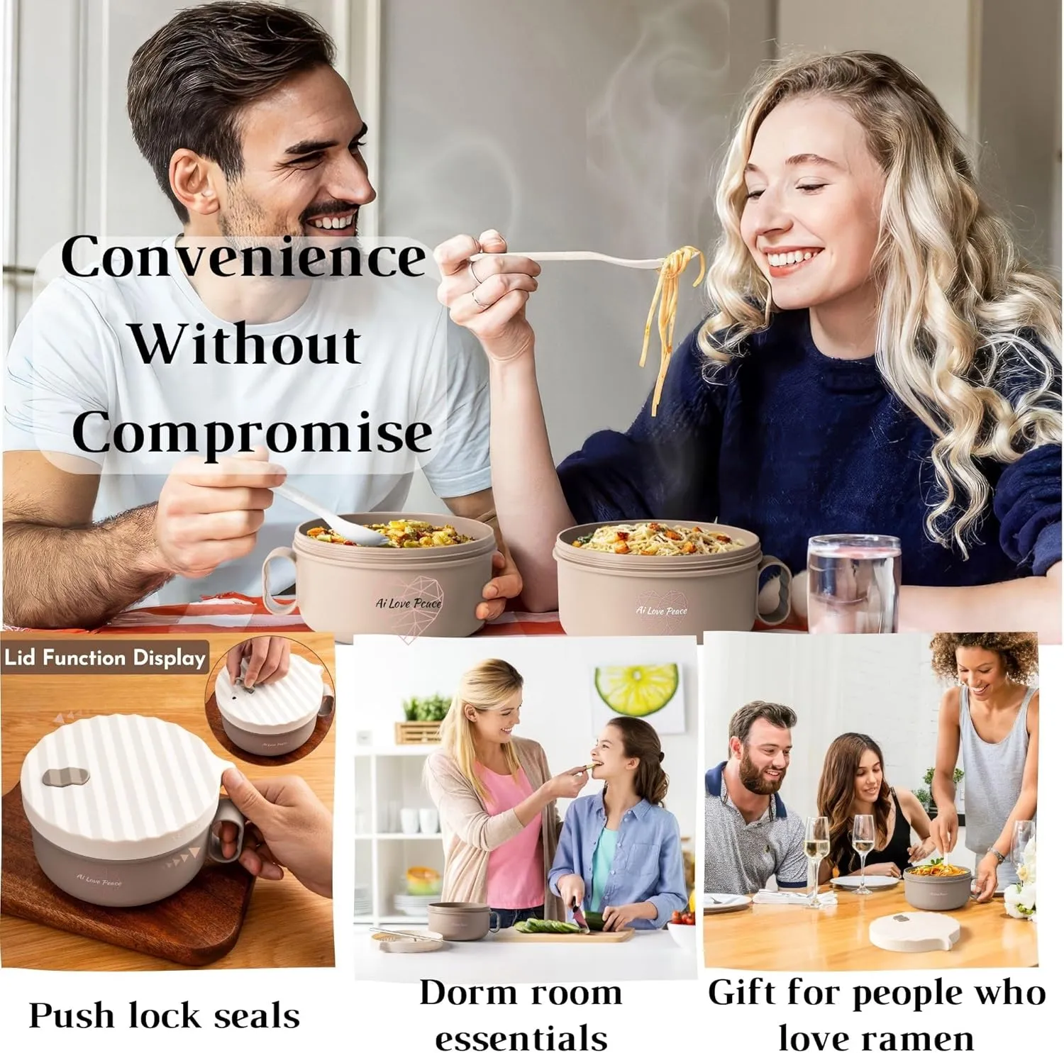 AI LOVE PEACE Ramen Bowl, 40 oz Microwaveable Noodle Cooker for Ramen, Pho, Soup, and Pasta, Dishwasher Safe and Portable, Ideal for Home, Office, Dorm, or Gift (Beige)