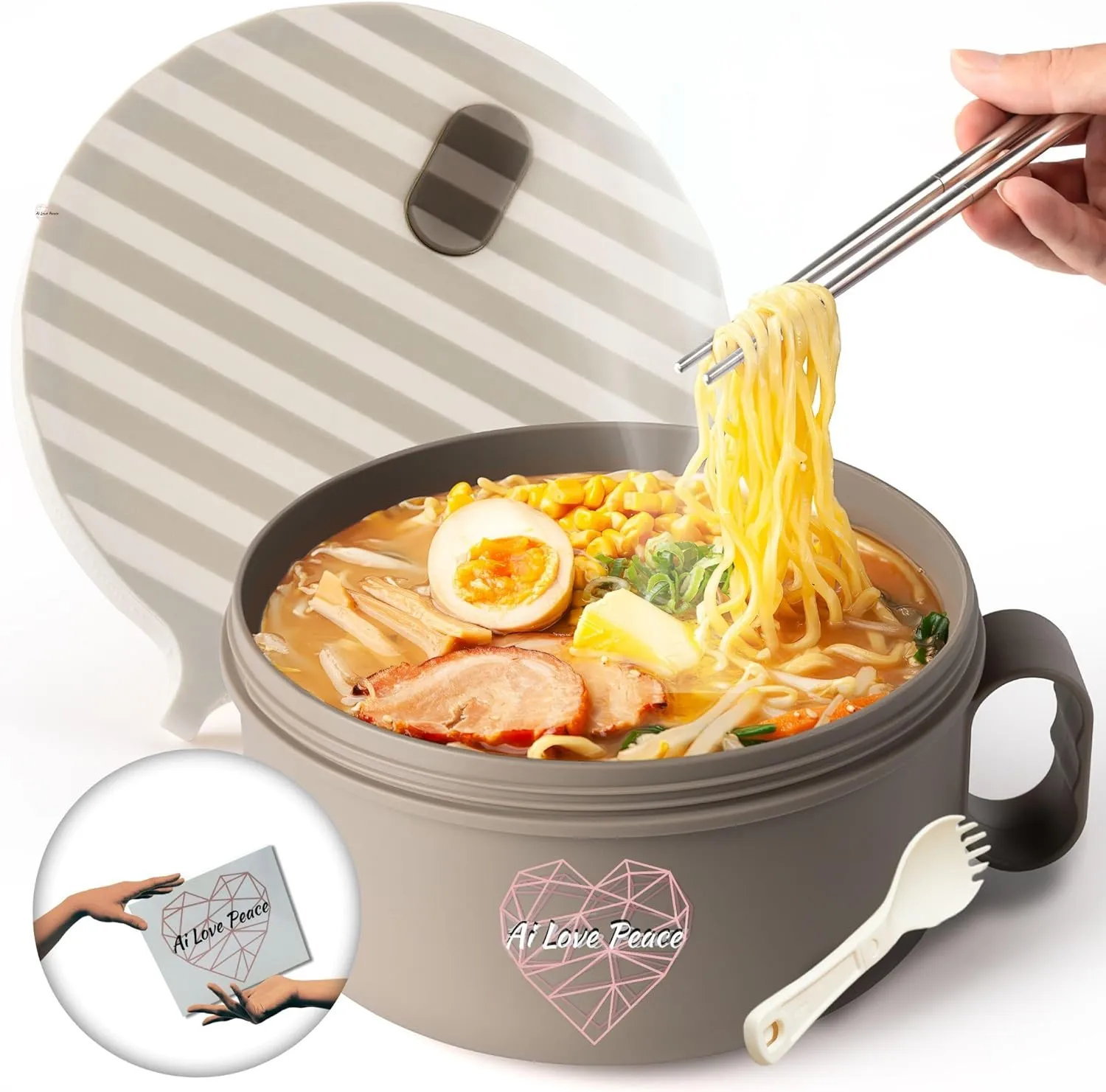 AI LOVE PEACE Ramen Bowl, 40 oz Microwaveable Noodle Cooker for Ramen, Pho, Soup, and Pasta, Dishwasher Safe and Portable, Ideal for Home, Office, Dorm, or Gift (Beige)
